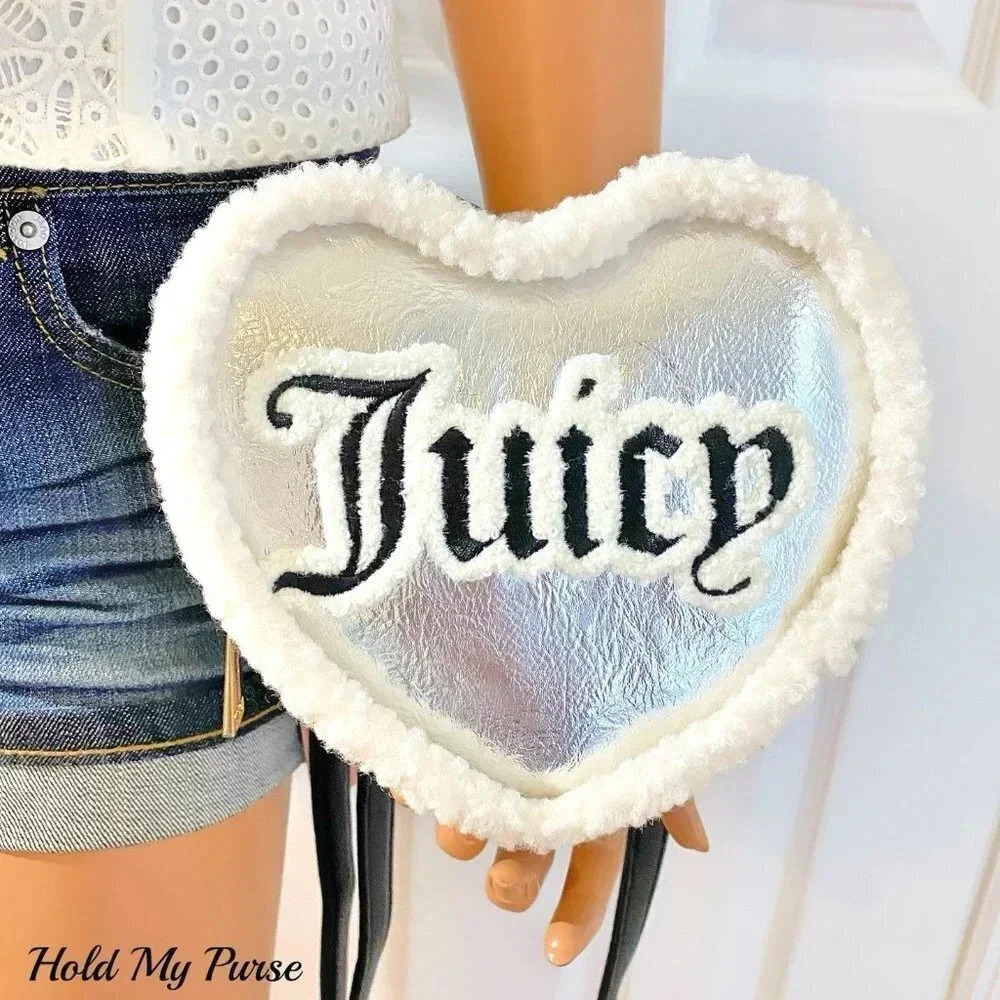 Juicy Couture Silver Black Shear Genius Iridescent Metallic Heart Shape Bag NWT - Picture 2 of 9